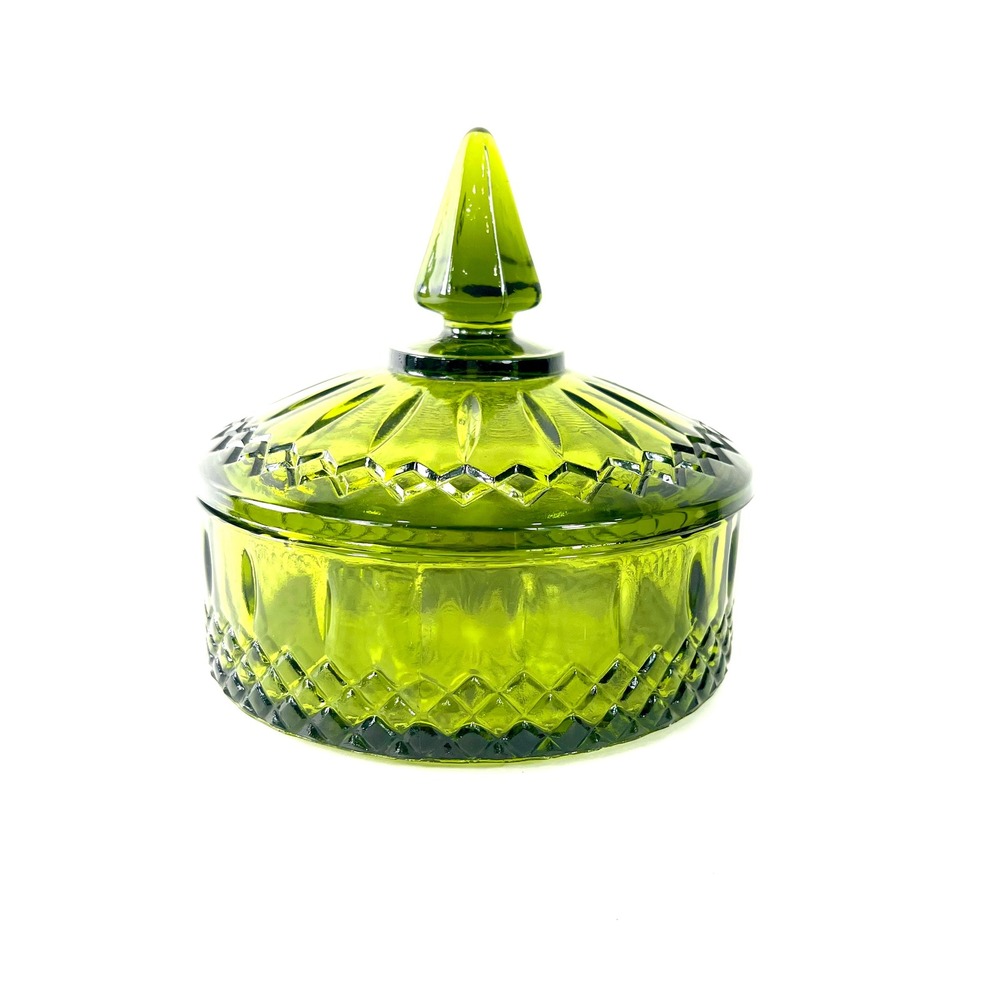 Vintage Green Glass Candy Dish Lidded Trinket Jar Diamond Point Thumbprint